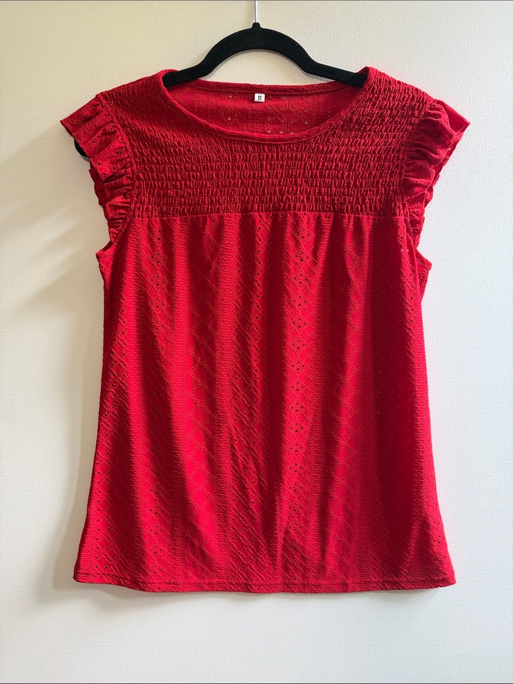 Red Smocked Women’s Lightweight Eyelet Cap-Sleeve Top - M